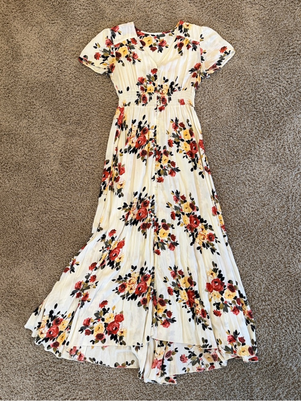 Cream Floral Maxi Dress with Red Rose Print